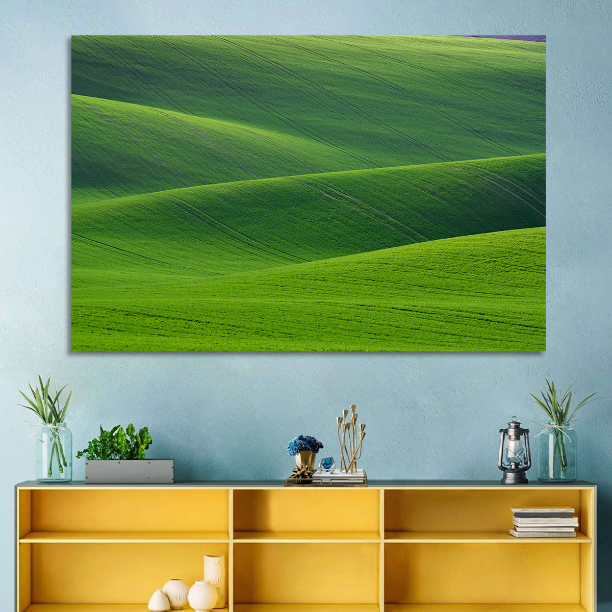 Rolling Emerald Wheat Fields Wall Art in a room, landscape