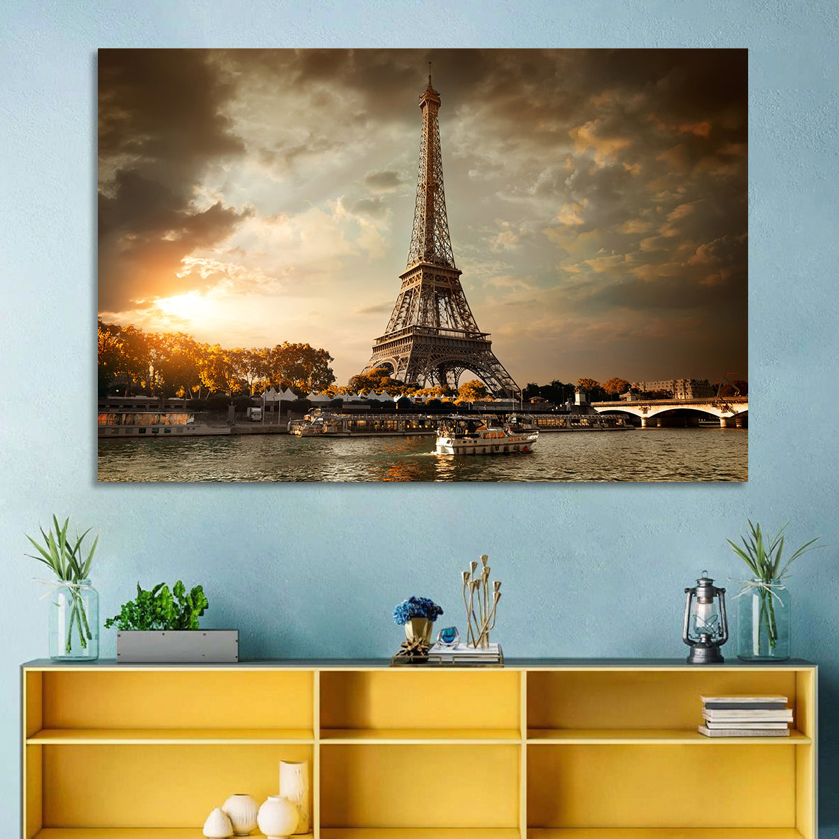 Eiffel Tower at Sunset Wall Art in a room, landscape