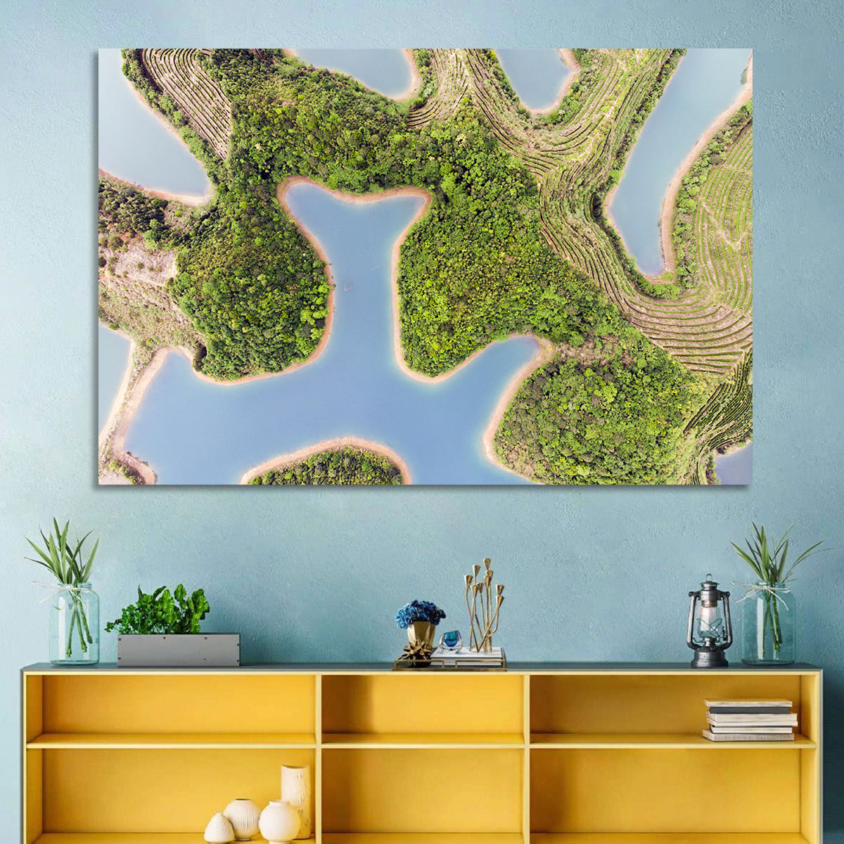 Thousand Island Lake Aerial View Wall Art in a room, landscape