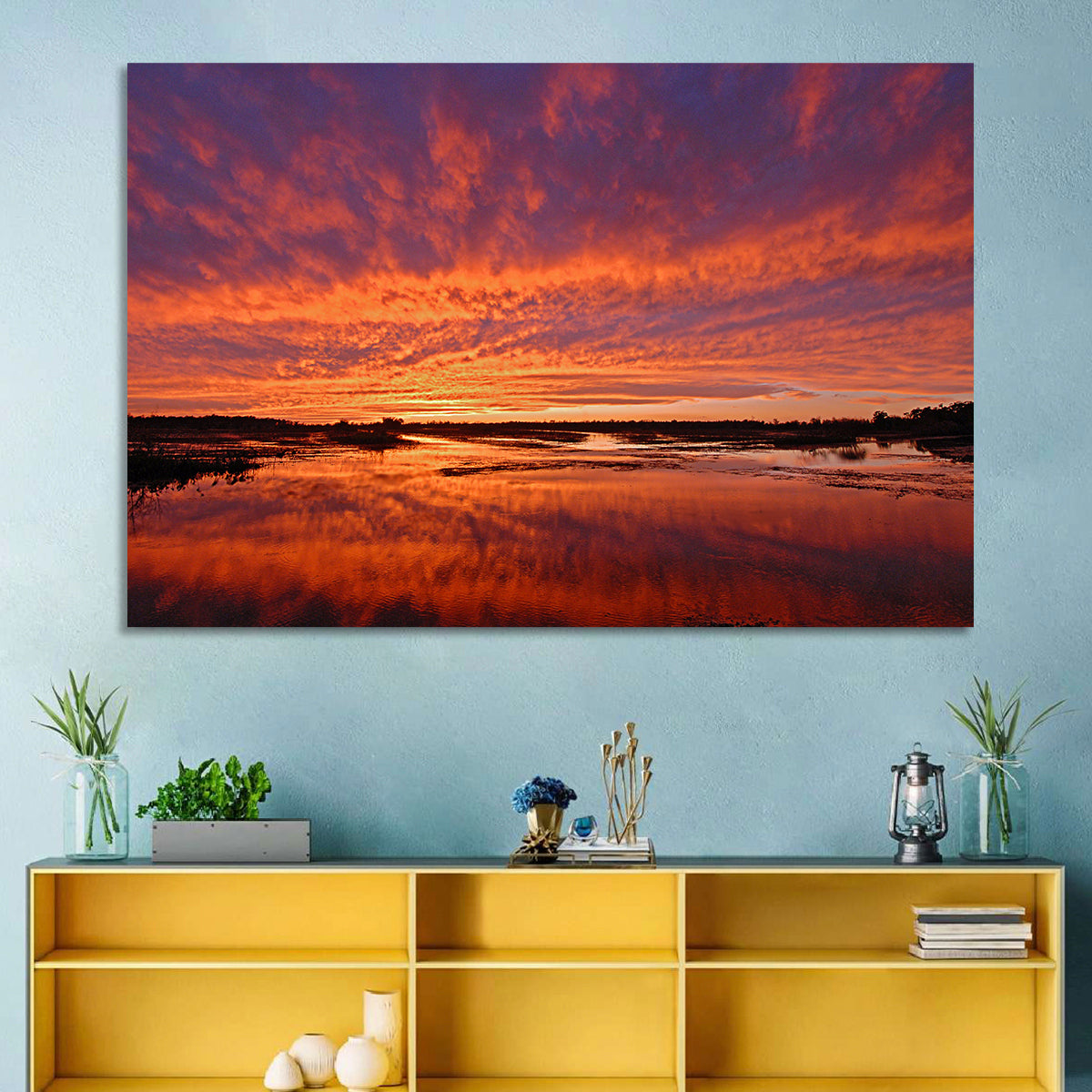 Louisiana Wetland Sunset Wall Art in a room, landscape