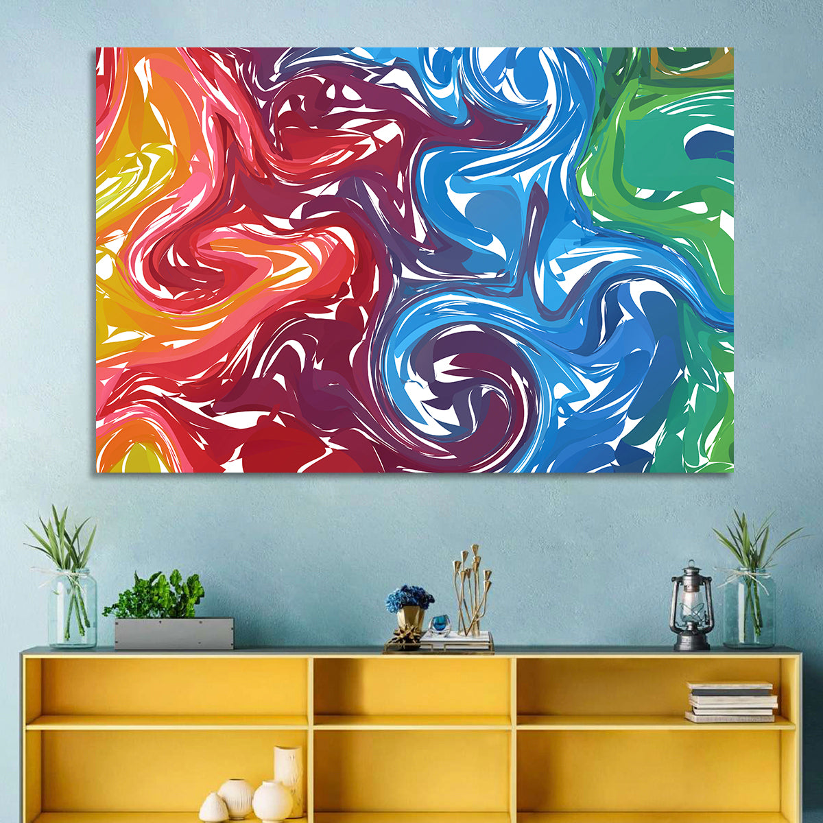 Marbled Color Flow Abstract Wall Art in a room, landscape
