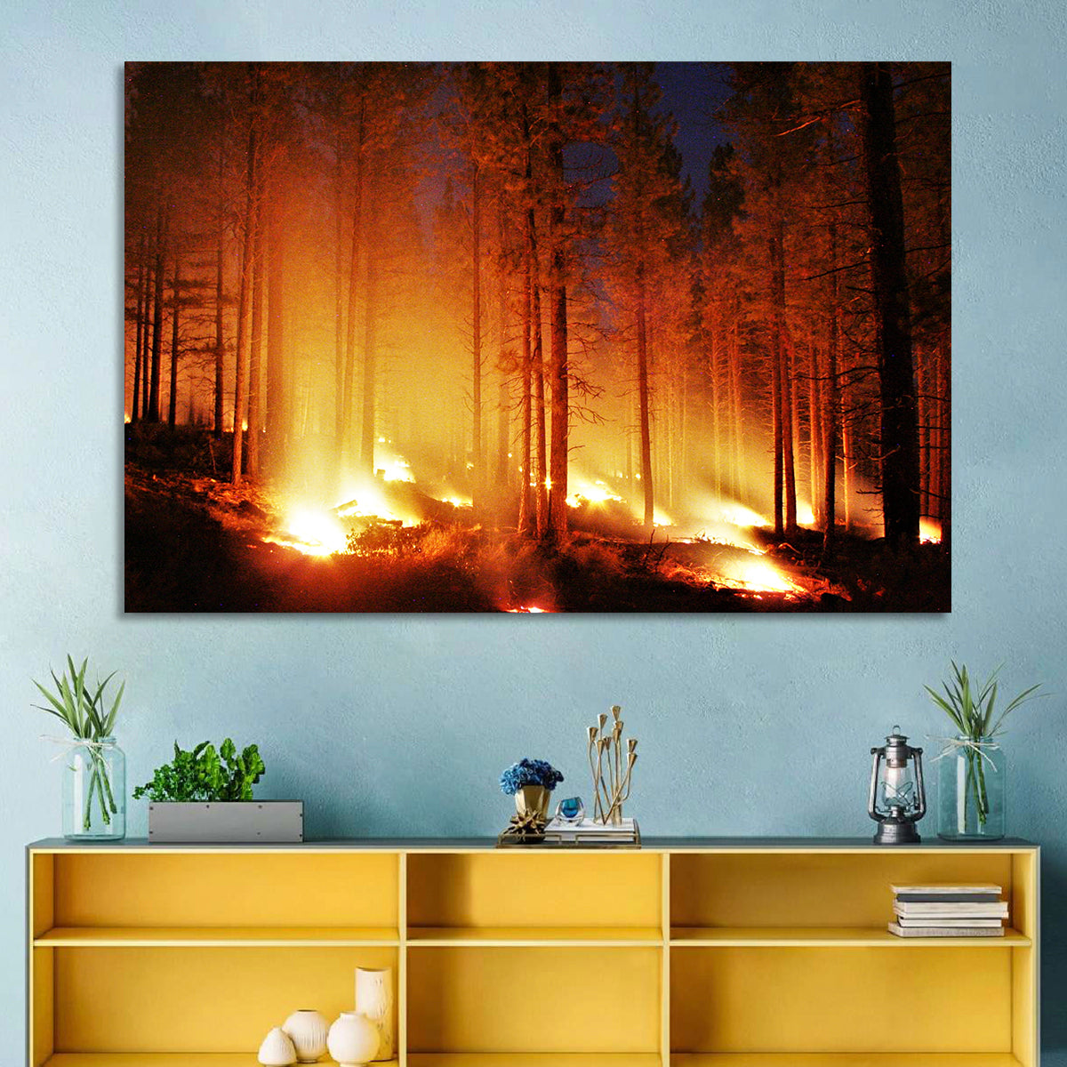Night Forest Fire Wall Art in a room, landscape