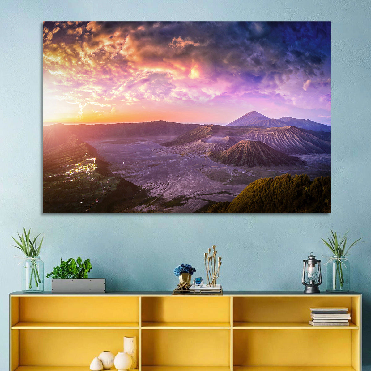 Mount Bromo Sunset View Wall Art in a room, landscape