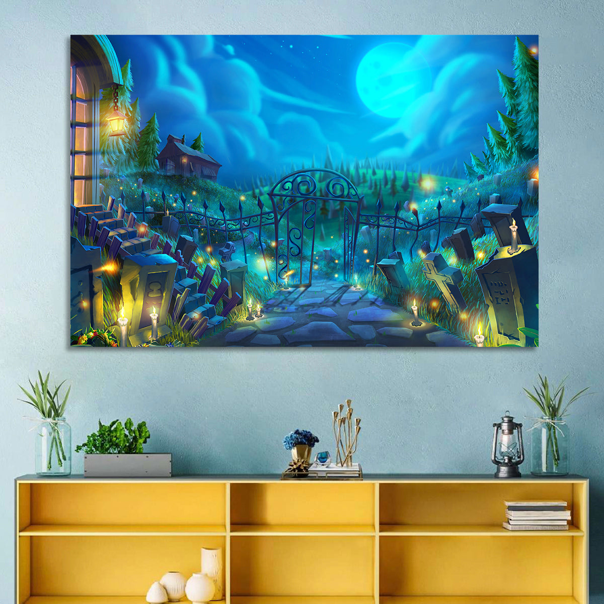 Halloween Cemetery Gate Illustration Wall Art in a room, landscape
