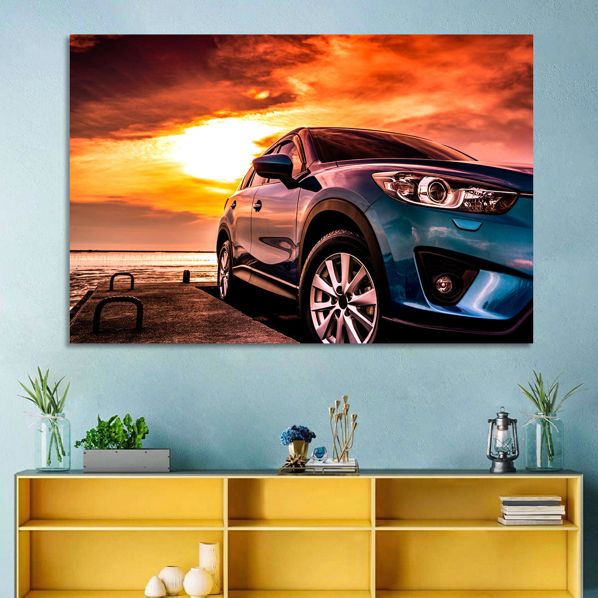 Suv on Pier at Sunset Wall Art in a room, landscape