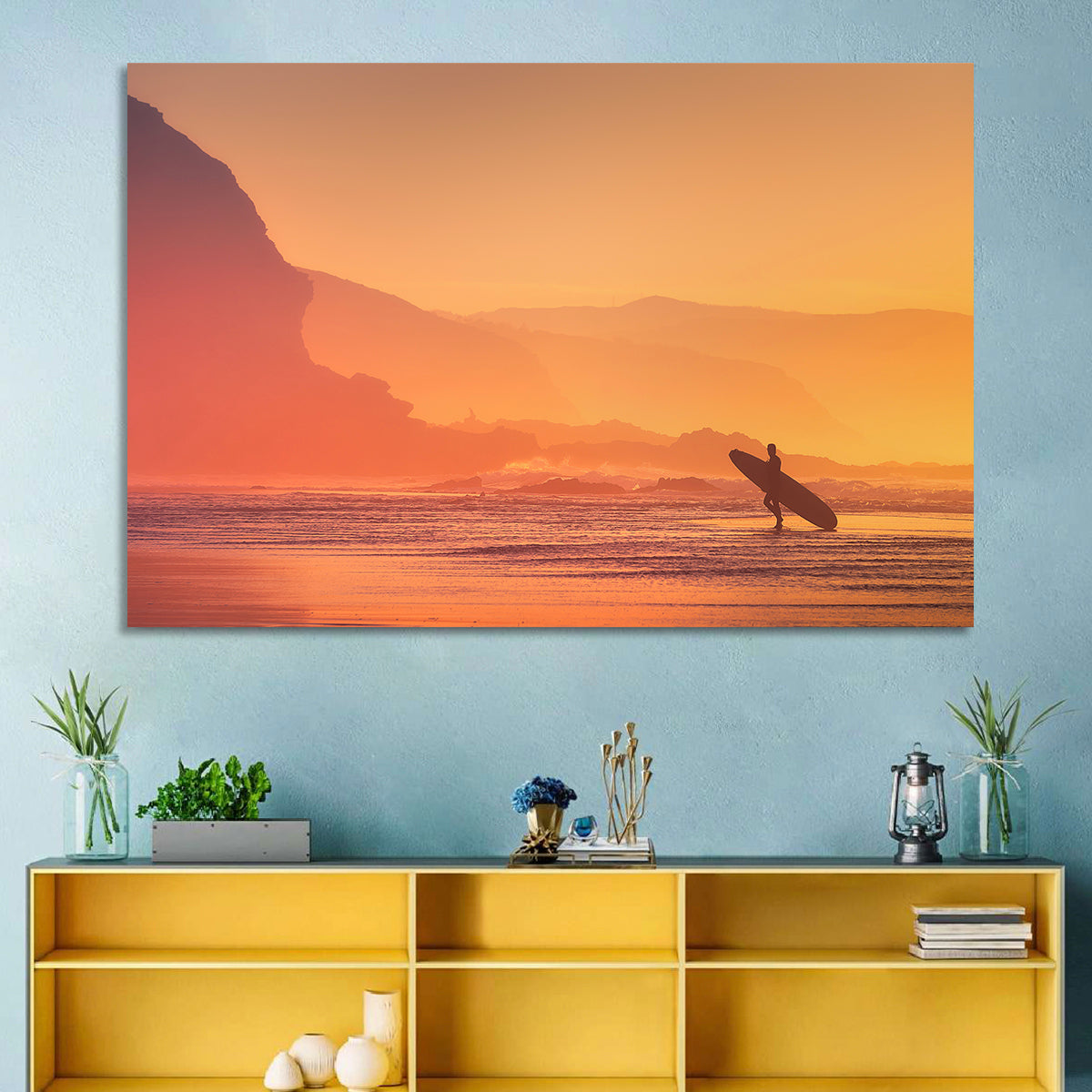 Surfer Silhouette at Golden Sunset Wall Art in a room, landscape