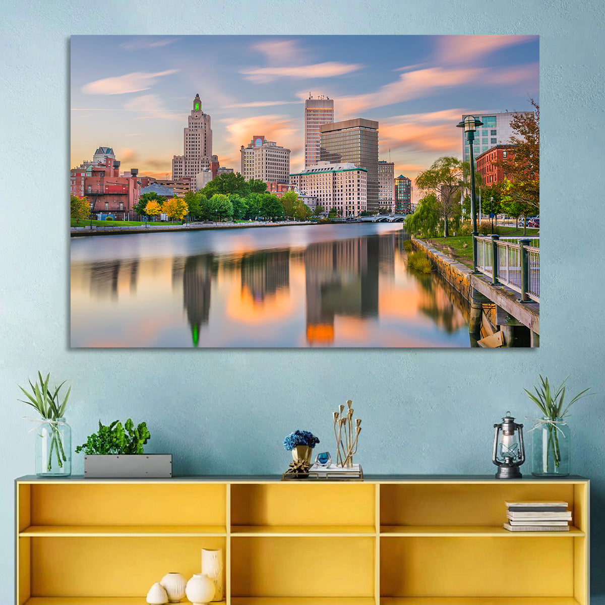 Providence Golden Hour Skyline Wall Art in a room, landscape