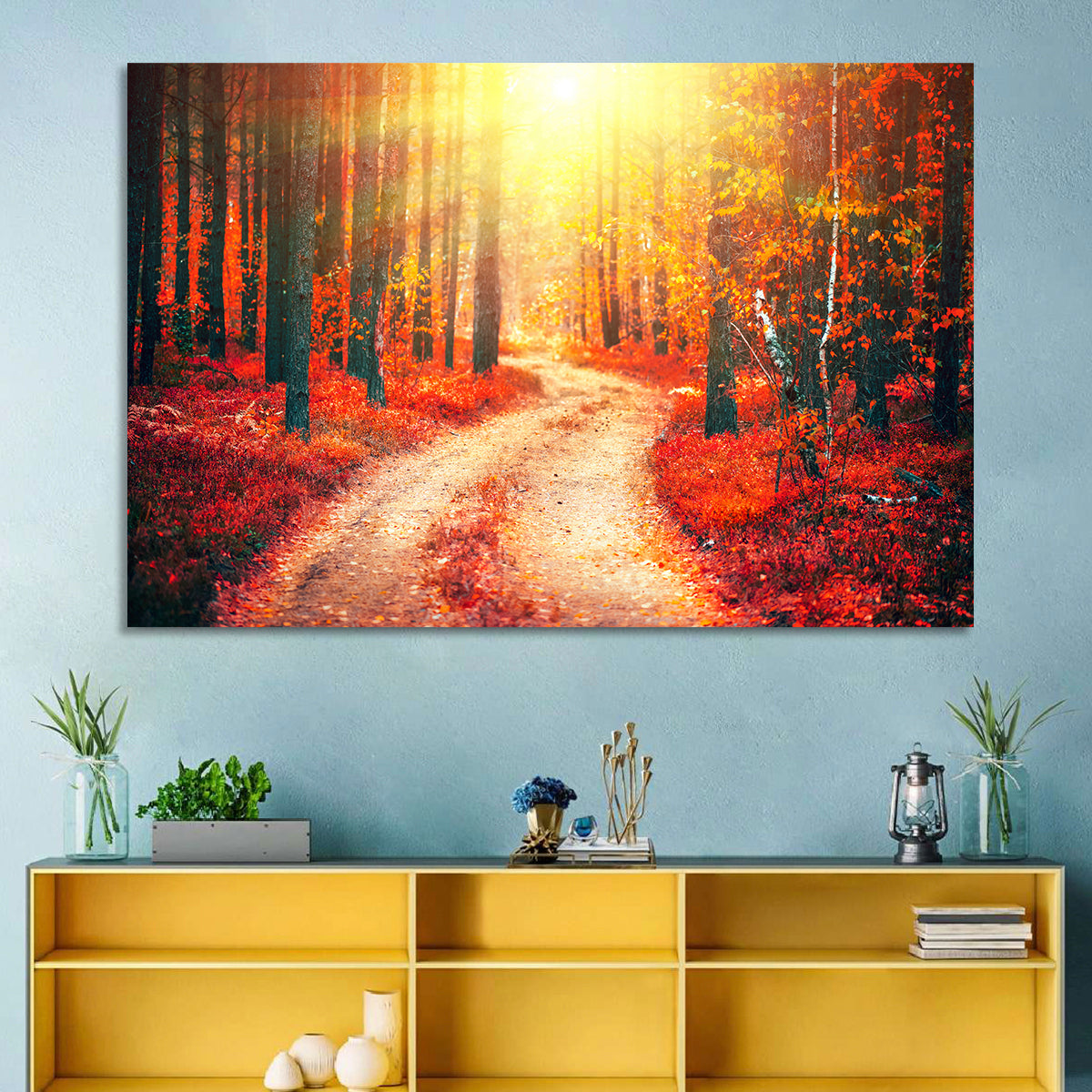 Golden Path Through Autumn Woods Wall Art in a room, landscape