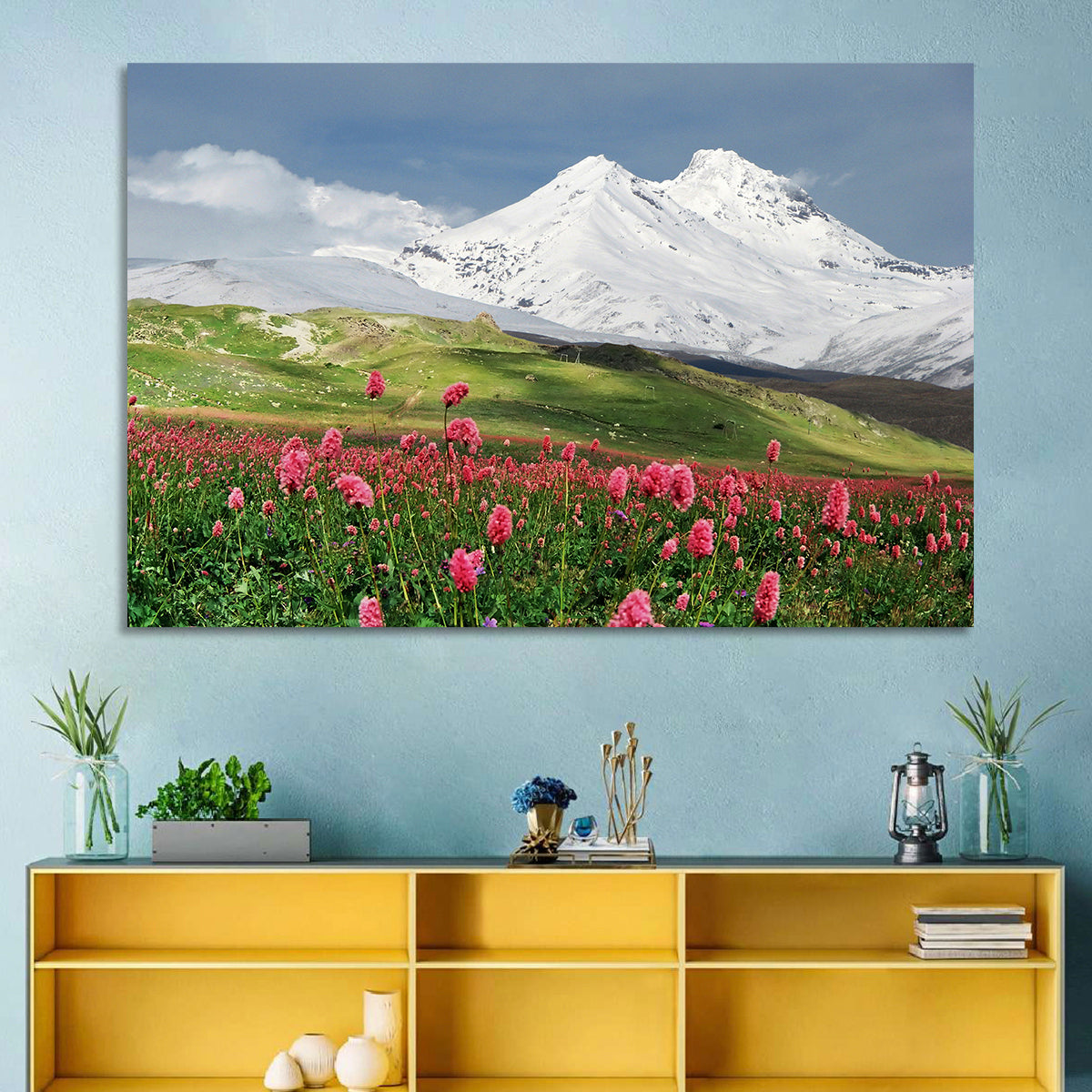Caucasus Spring Wildflower Meadow Wall Art in a room, landscape