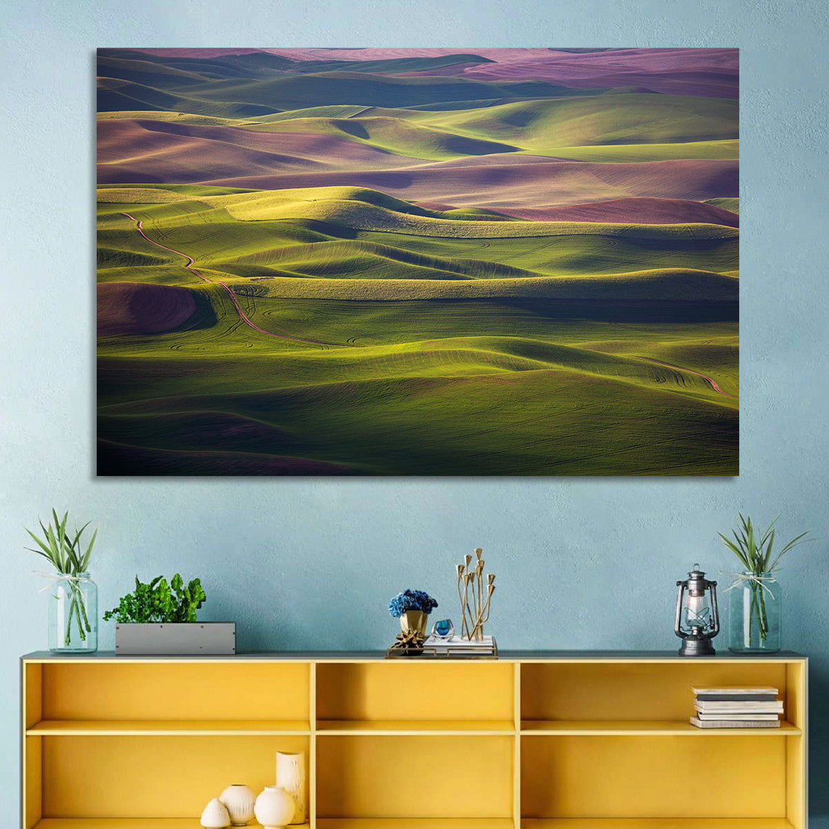 Palouse Farmland at Golden Hour Wall Art in a room, landscape