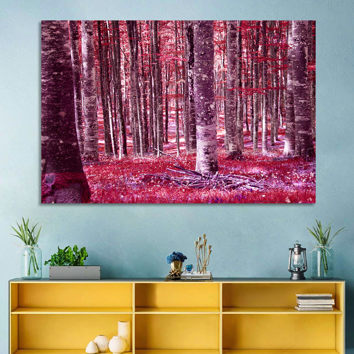 Crimson Woodland Wall Art in a room, landscape