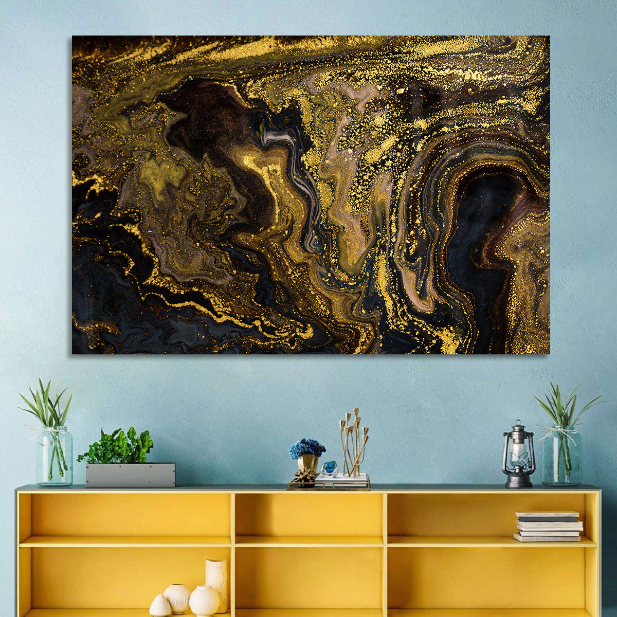 Black and Gold Marble Abstraction Wall Art in a room, landscape