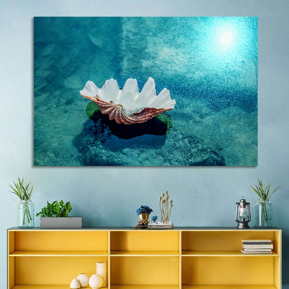 Giant Clam Shell Wall Art in a room, landscape