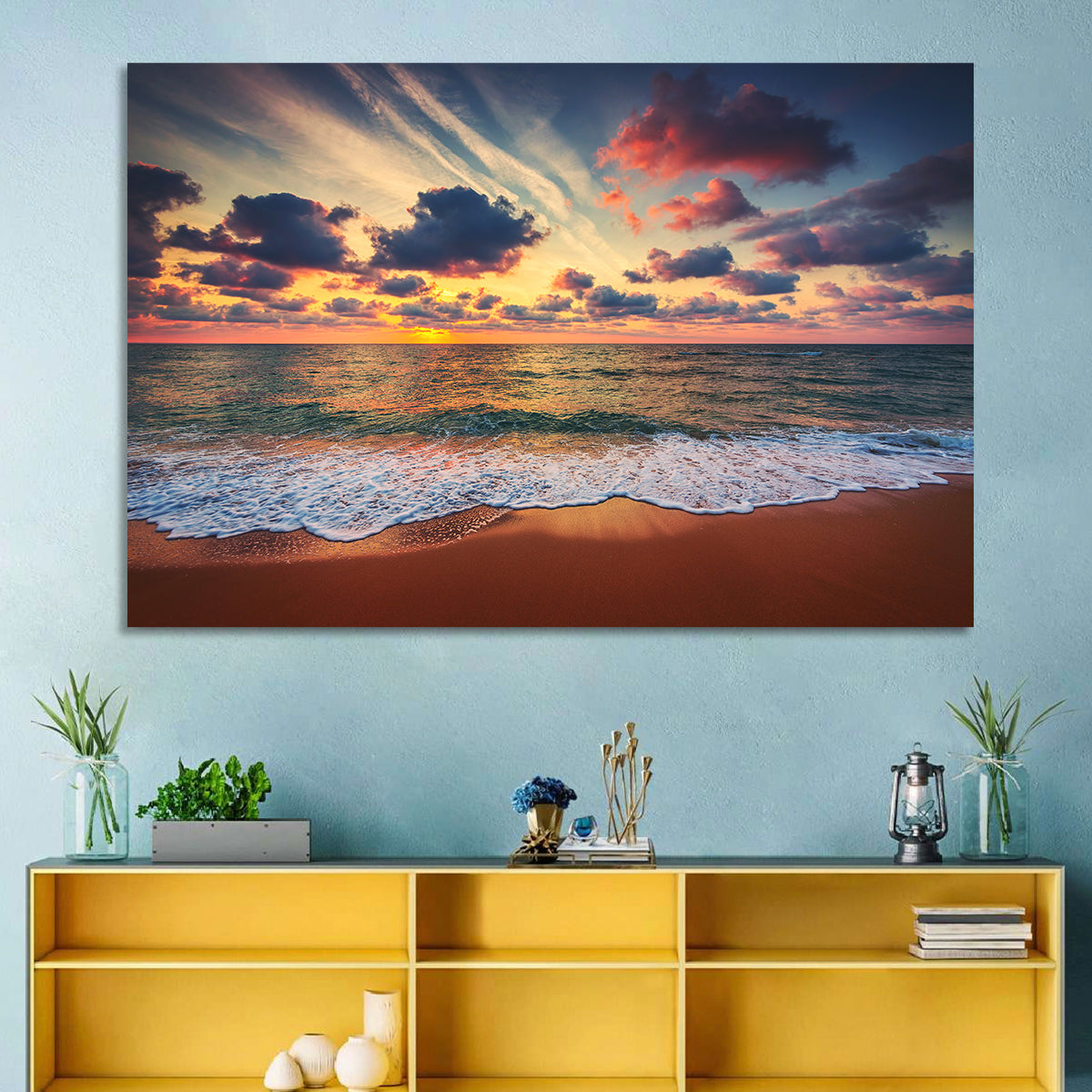 Golden Hour Beach Waves Under Cloudy Sky Wall Art
