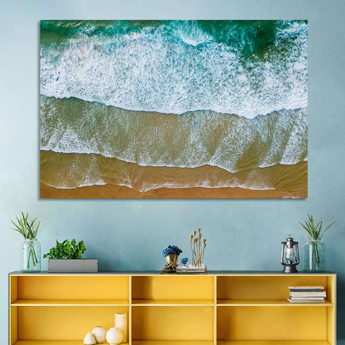 Aerial Teal Beach with Surfers Wall Art