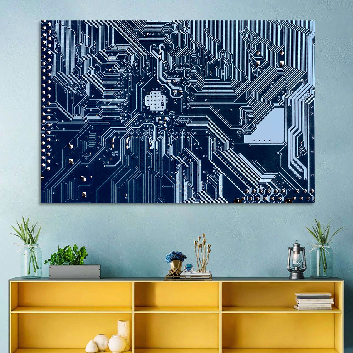 Blue Circuit Board Wall Art in a room, landscape