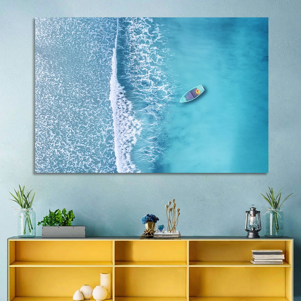 Lone Boat Over Turquoise Waves Wall Art