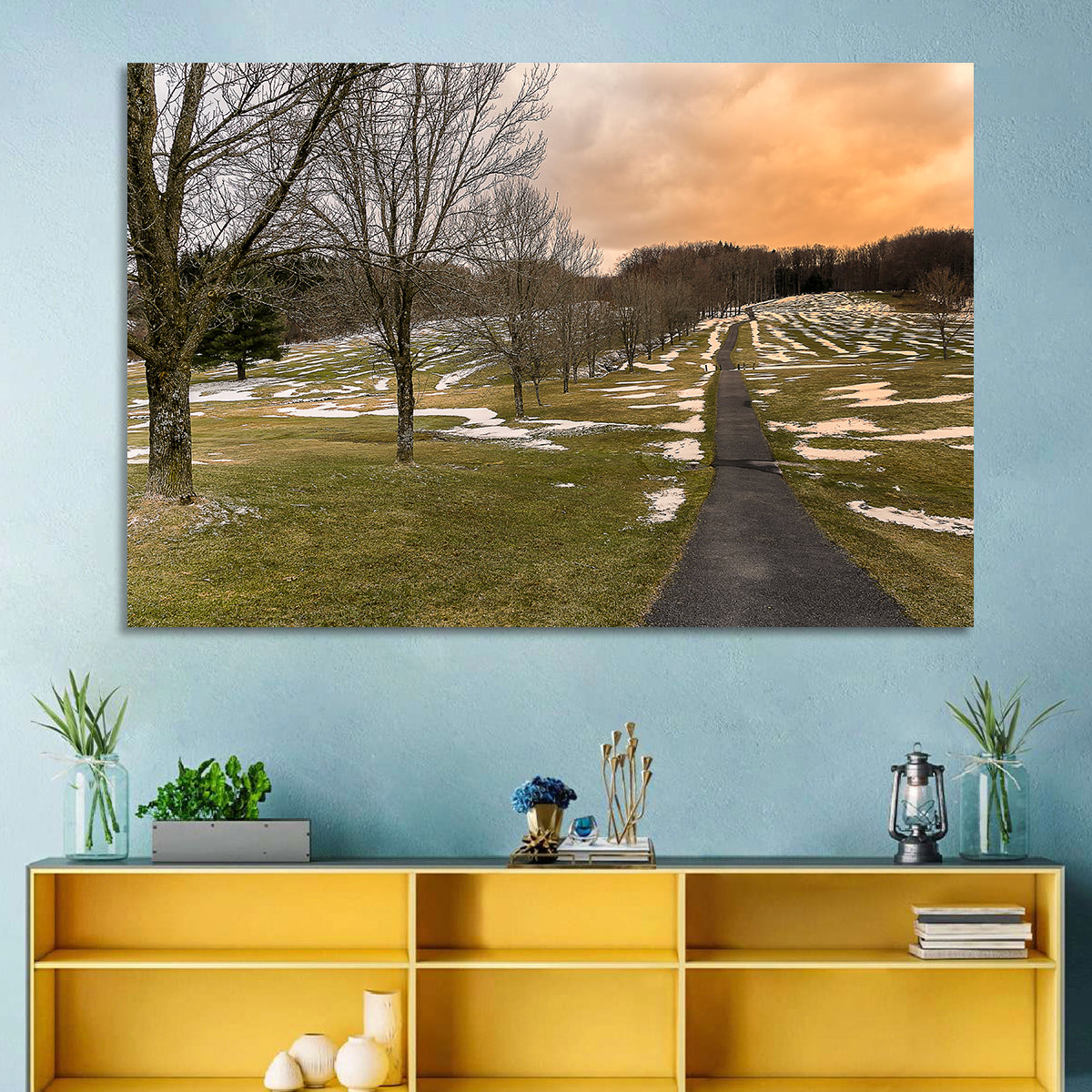 Roscoe Conkling Park Winter Path Wall Art in a room, landscape