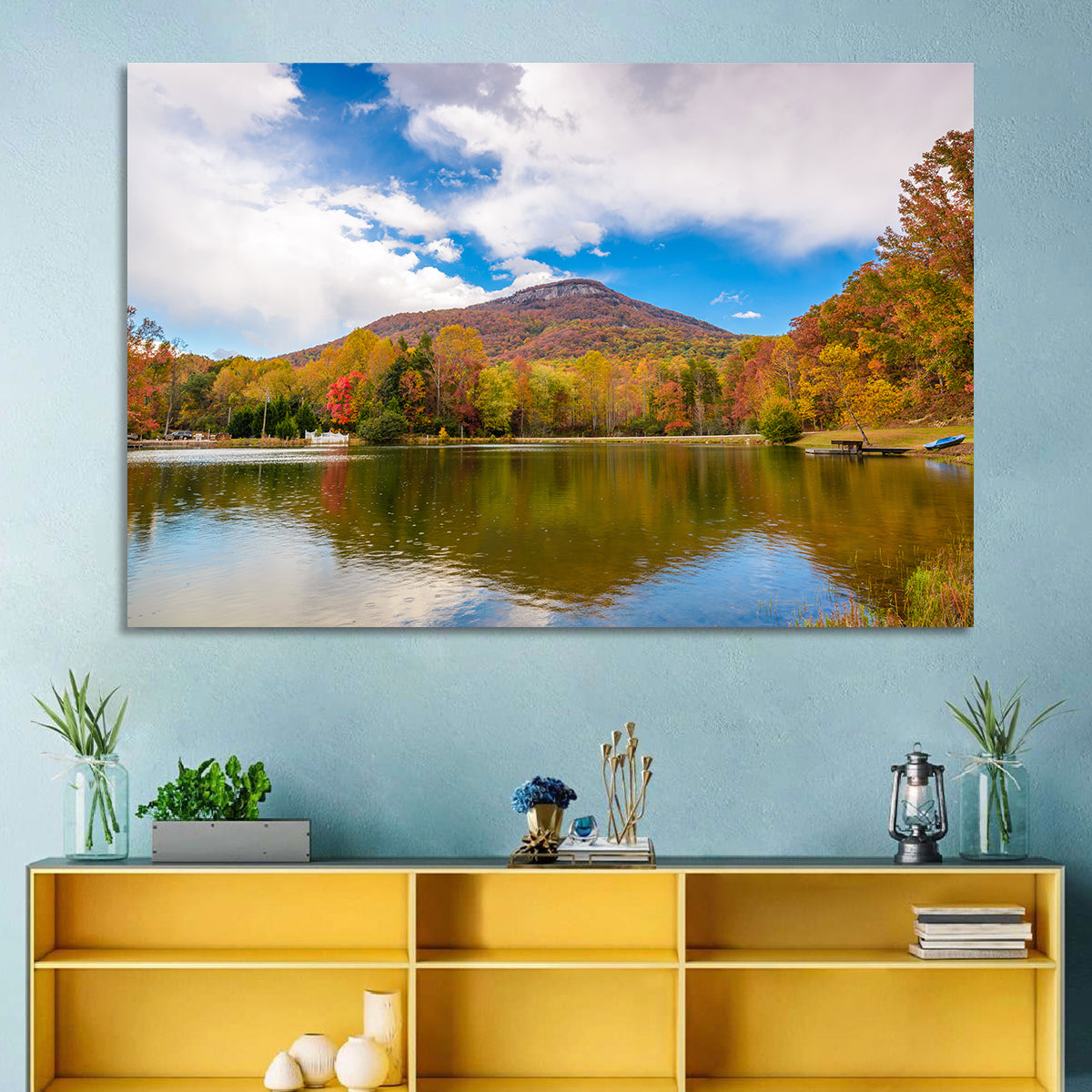 Yonah Mountain Autumn Reflection Wall Art in a room, landscape