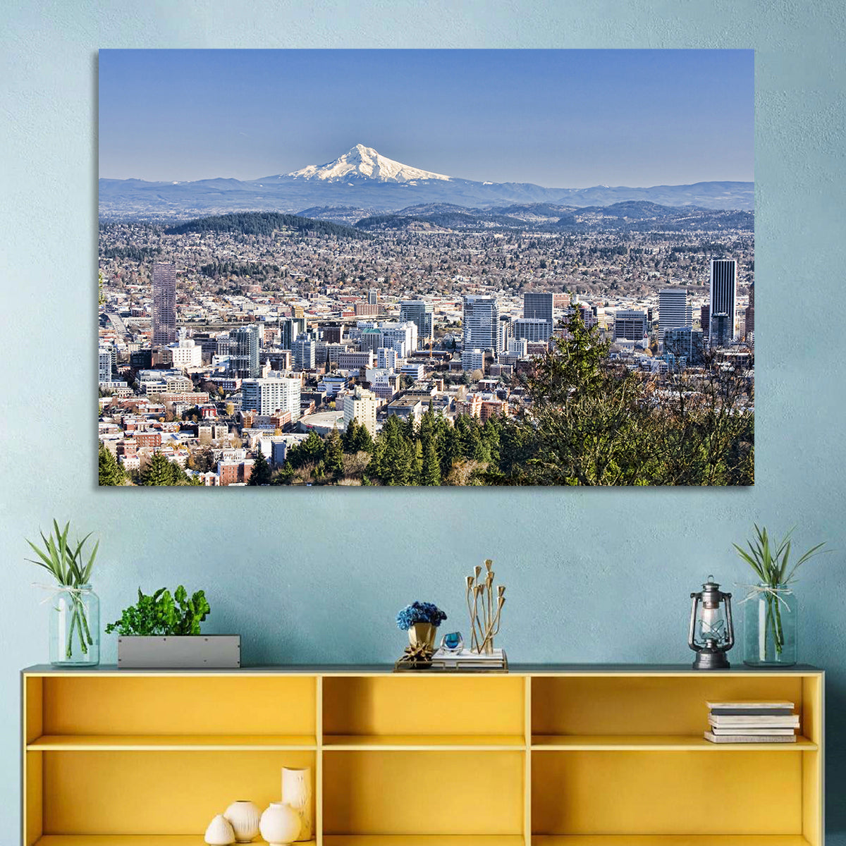 Portland Skyline with Mount Hood Wall Art in a room, landscape