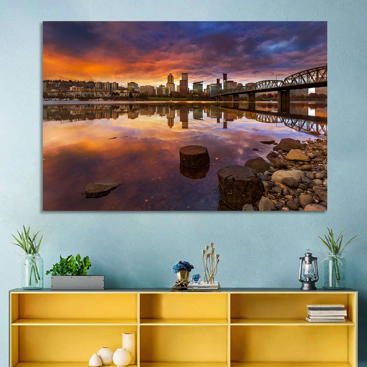 Portland Skyline at Sunset Wall Art in a room, landscape