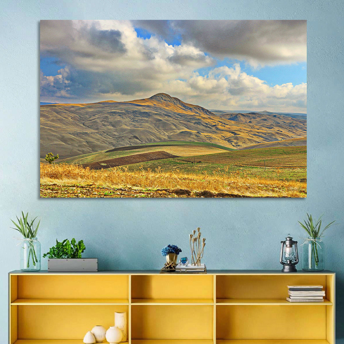 Shamakhi Valley Harvest Fields Wall Art in a room, landscape