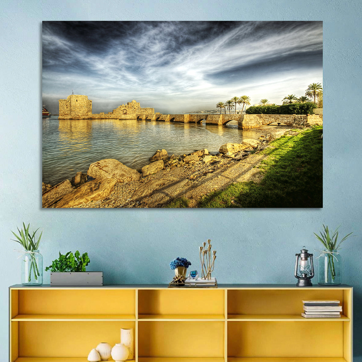 Sidon Sea Castle Wall Art in a room, landscape