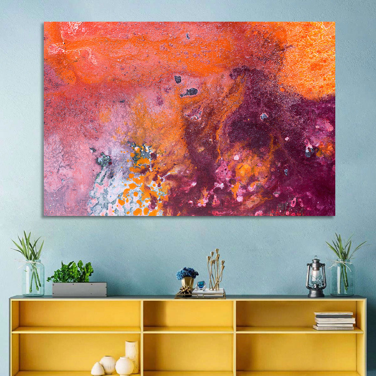 Magenta Orange Color Flow Wall Art in a room, landscape