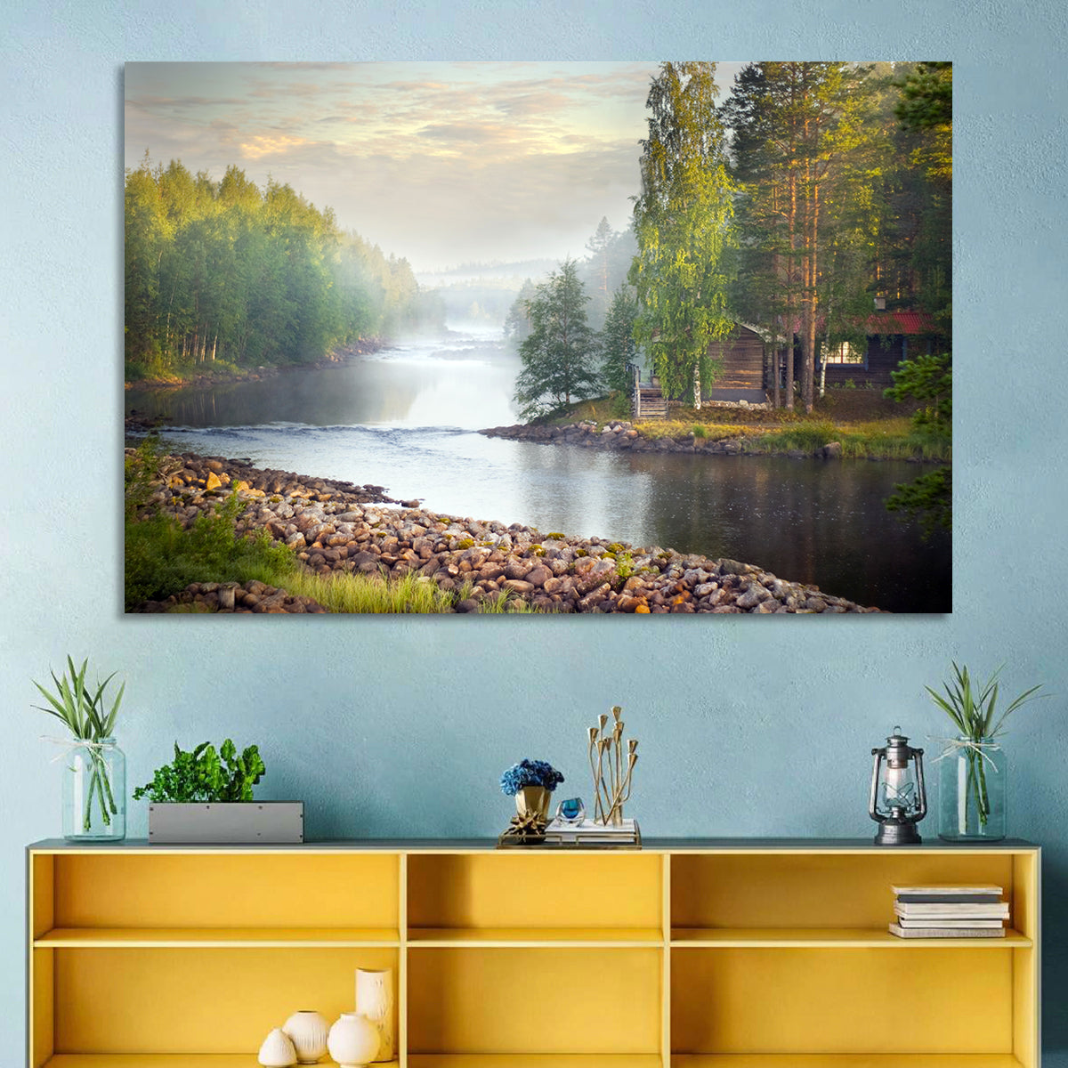 Misty River with Red Roof Cabin Wall Art