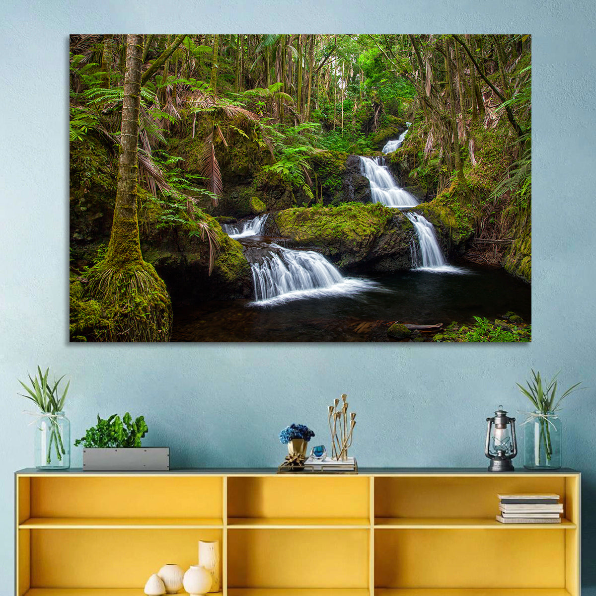 Onomea Falls Wall Art in a room, landscape