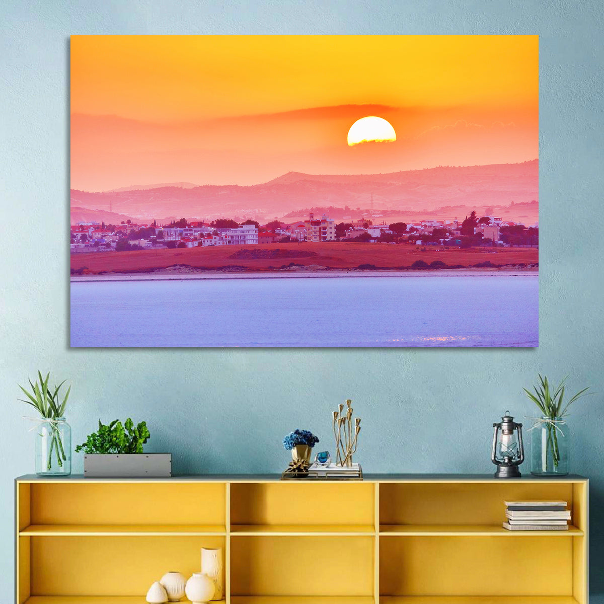 Golden Salt Lake Sunset Wall Art in a room, landscape