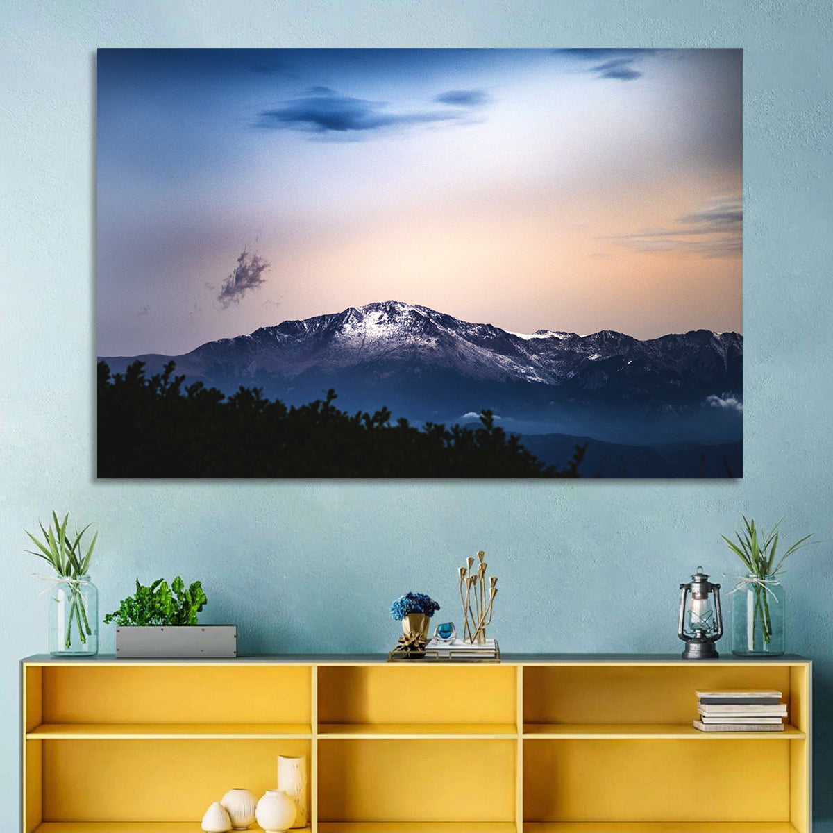 Snow-capped Pikes Peak at Dusk Wall Art in a room, landscape