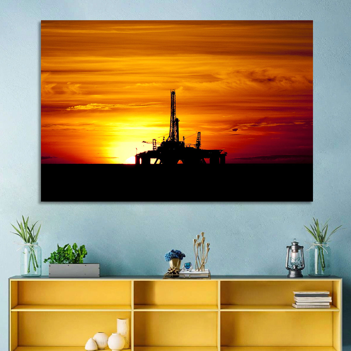 Offshore Oil Rig at Sunset Wall Art in a room, landscape