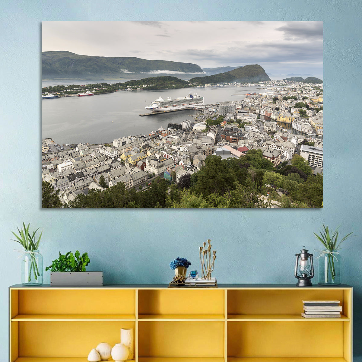 Alesund Harbor Cityscape Wall Art in a room, landscape
