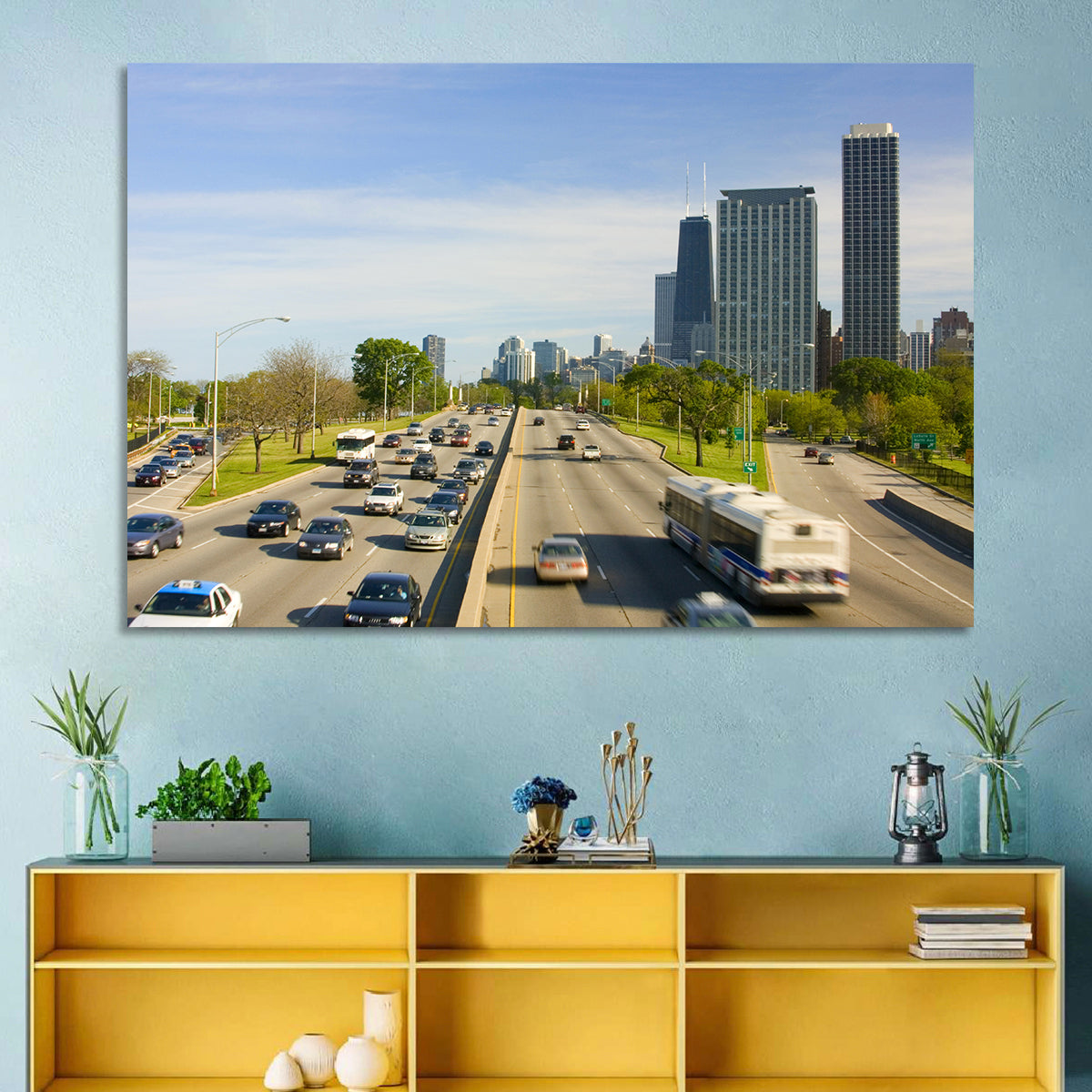 Chicago Expressway Toward Downtown Skyline Wall Art