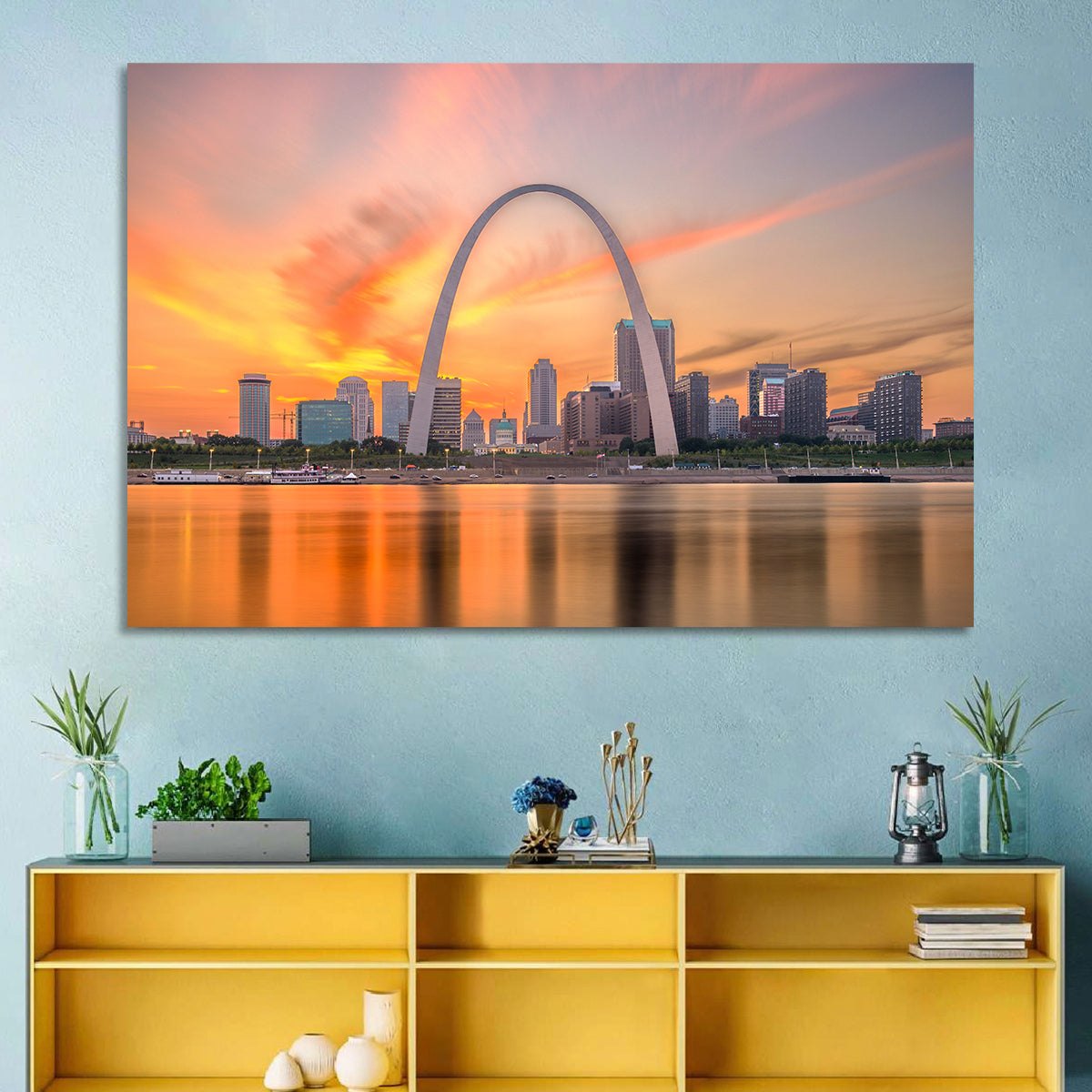 St. Louis Gateway Arch Skyline Wall Art in a room, landscape