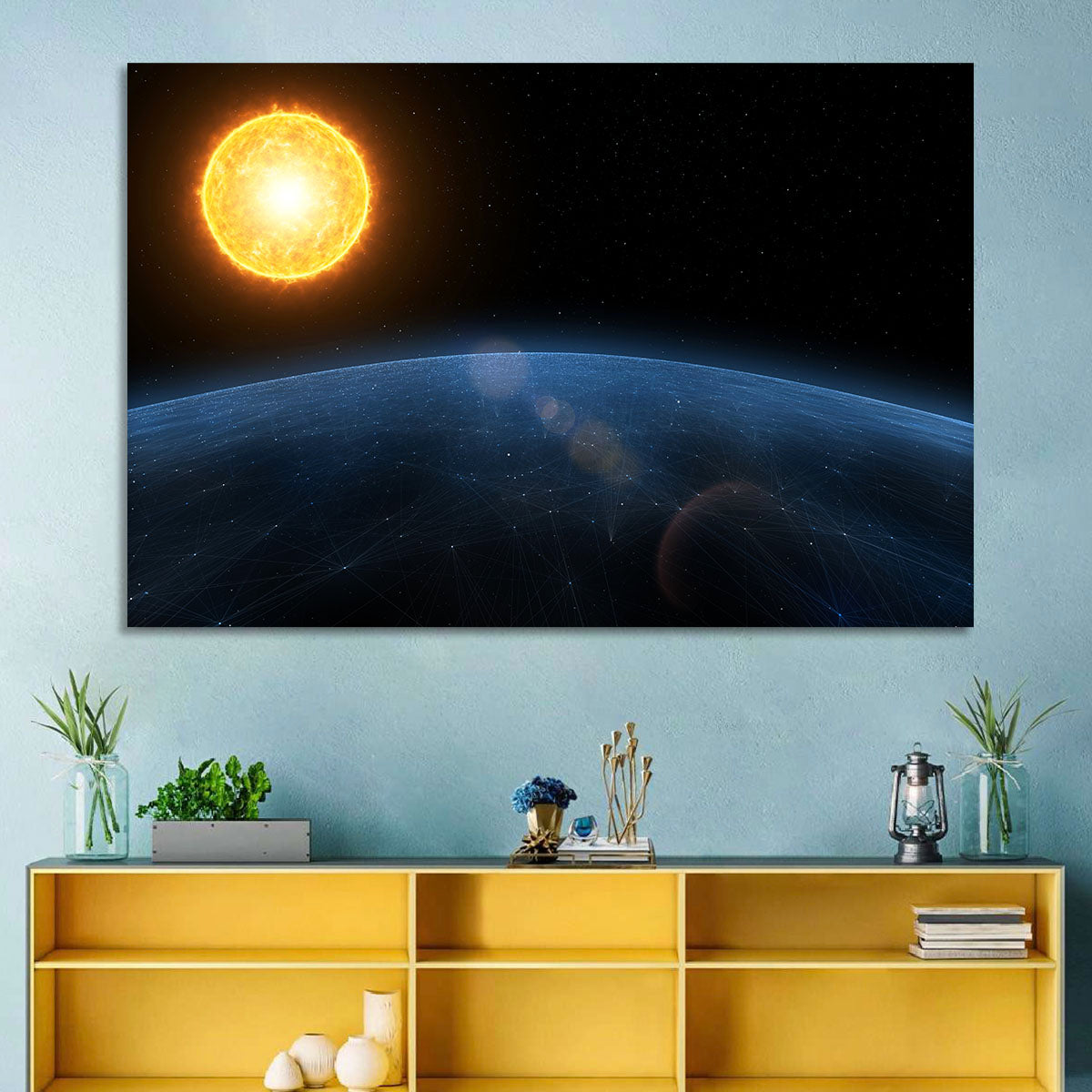 Alien Planet and Sun Wall Art in a room, landscape