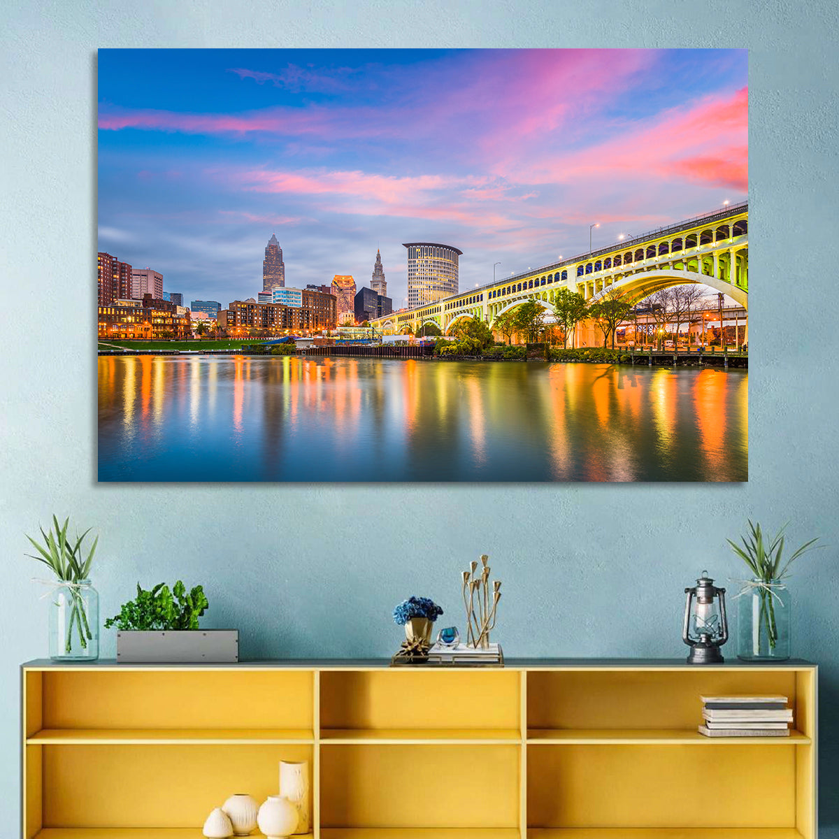 Cleveland Skyline at Dusk Wall Art in a room, landscape