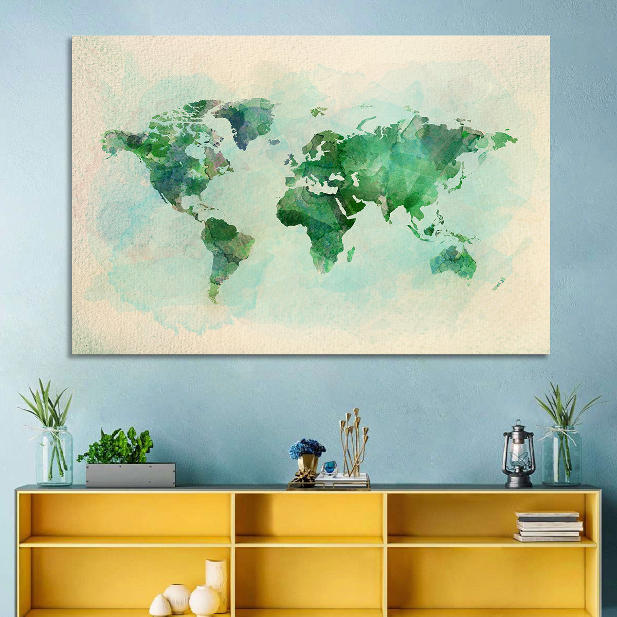 Green Watercolor World Map Wall Art in a room, landscape