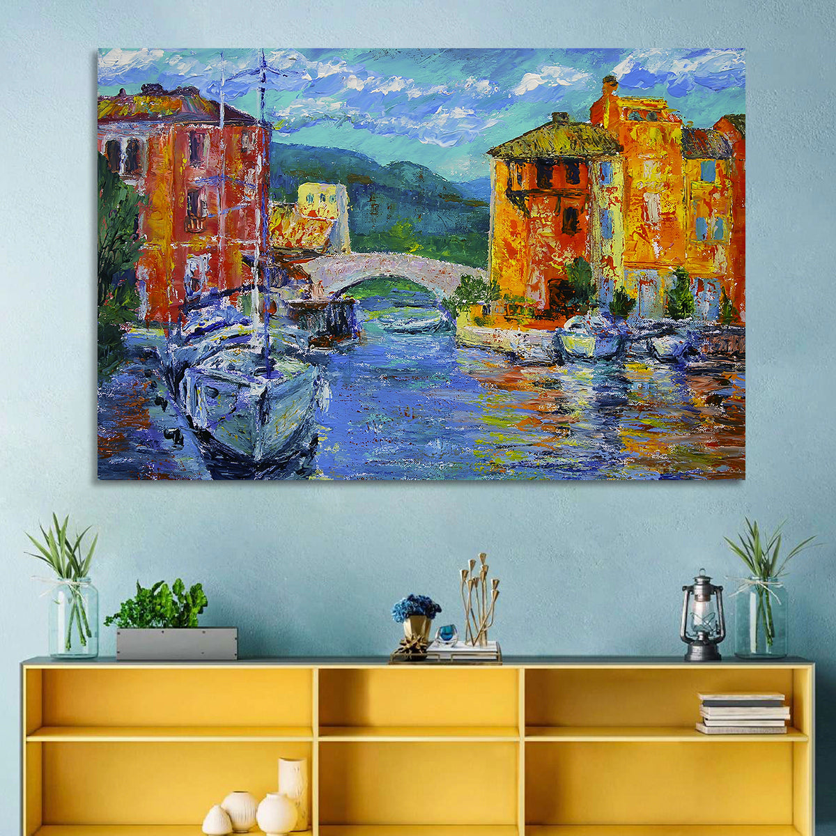Port Grimaud Canal Scene Wall Art in a room, landscape
