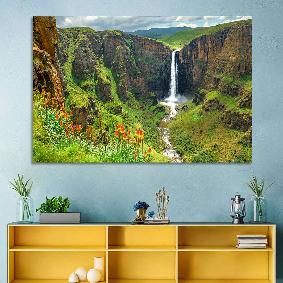 Maletsunyane Falls with Torch Lilies Wall Art in a room, landscape