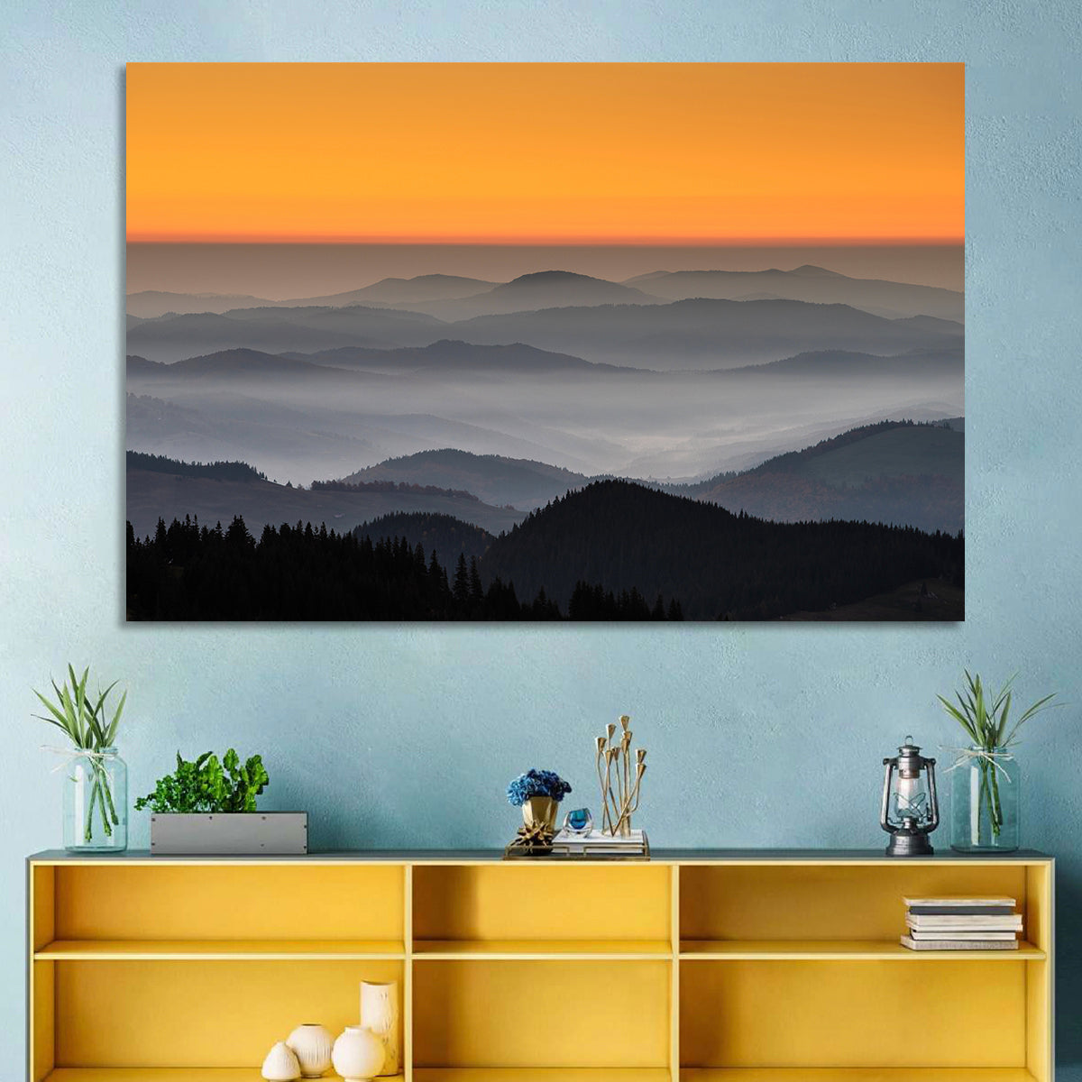 Rarau Mountains Sunrise Wall Art in a room, landscape