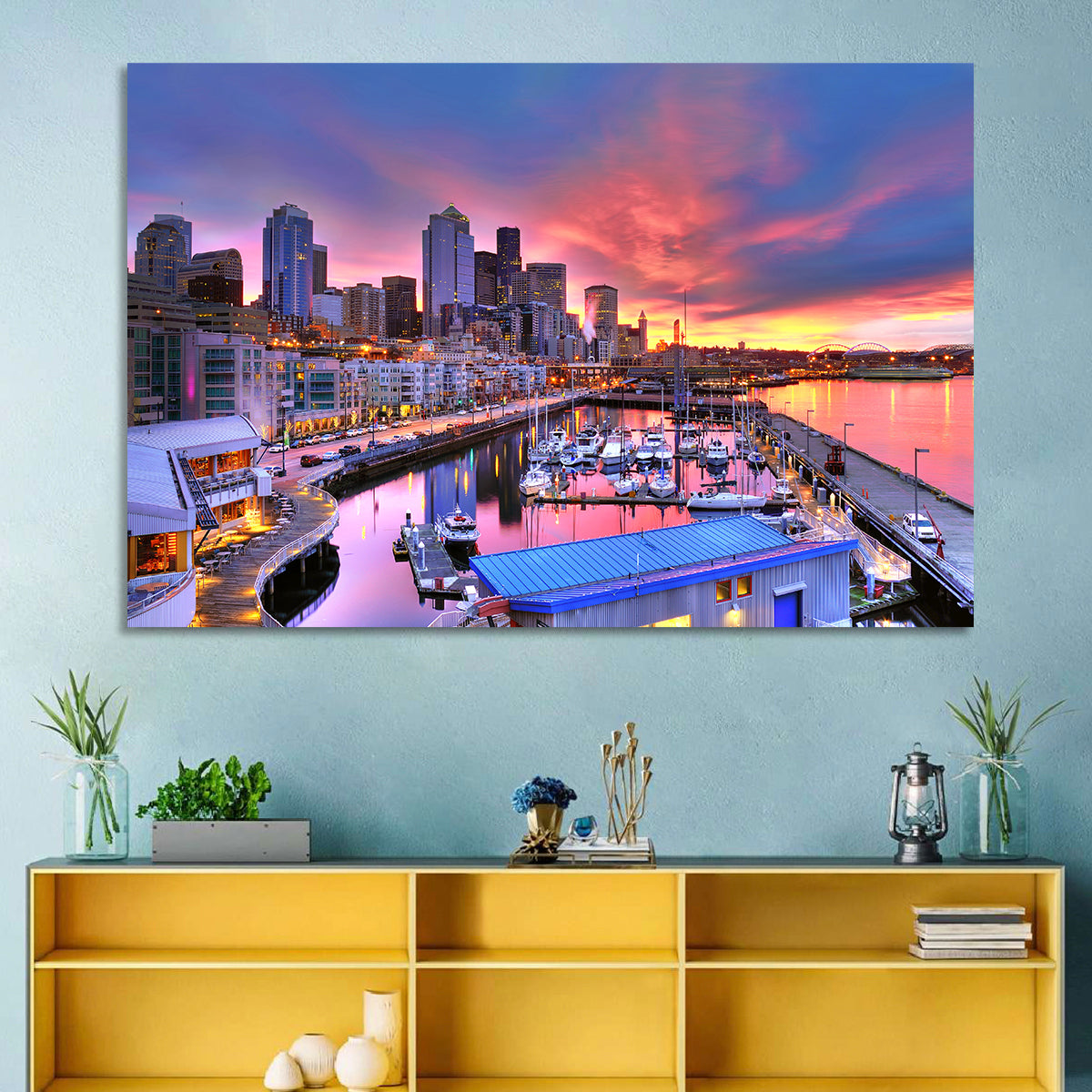 Seattle Skyline at Sunset Wall Art in a room, landscape
