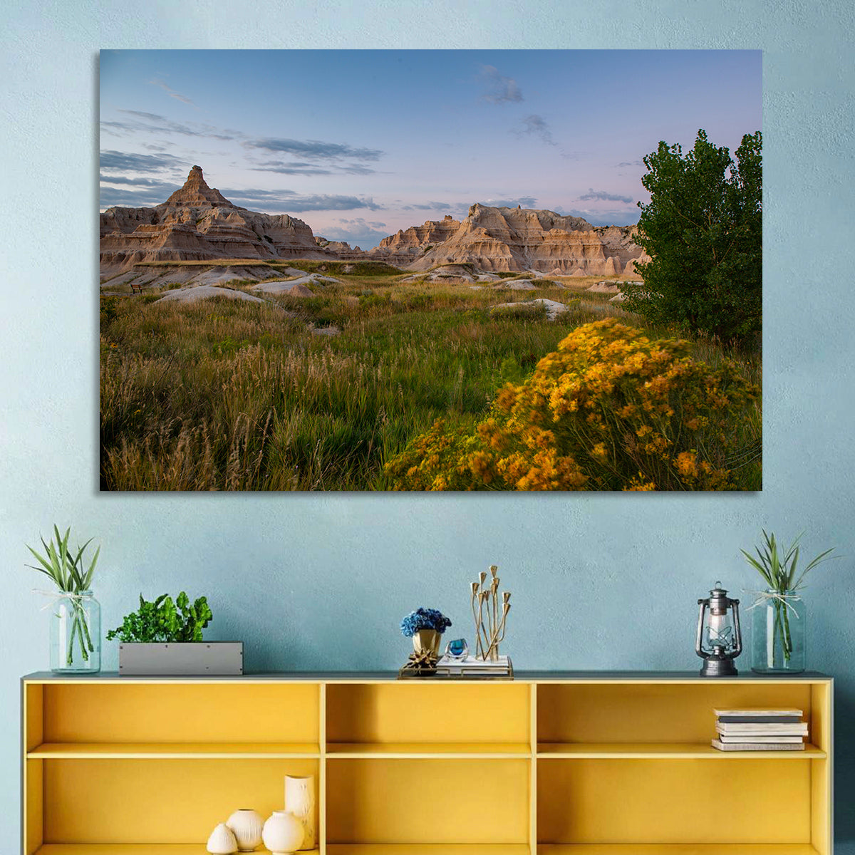 Badlands Golden Hour Meadow Wall Art in a room, landscape