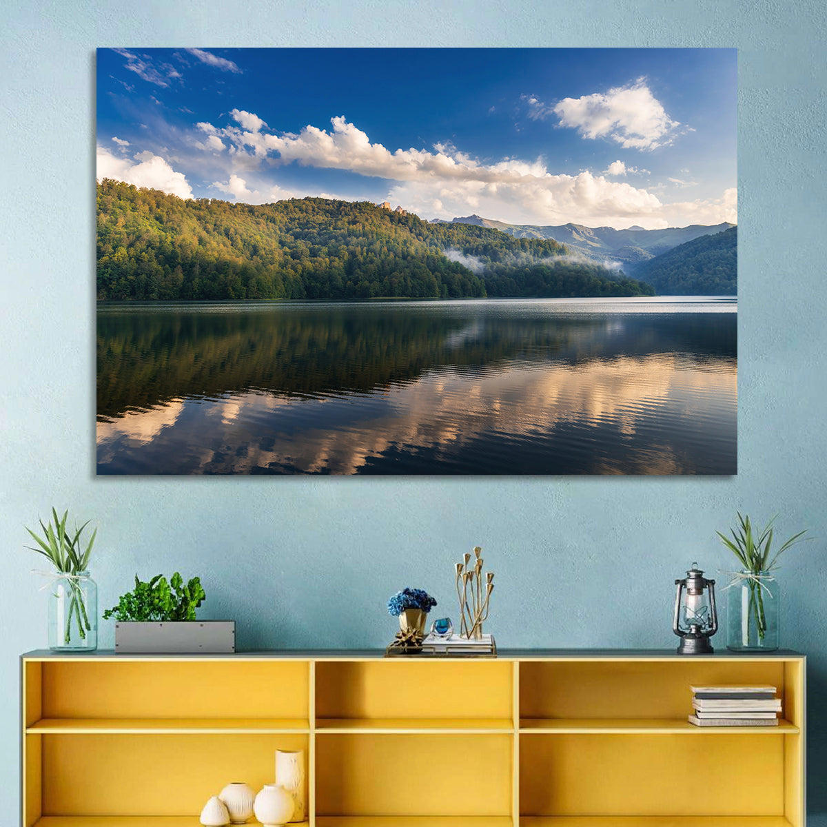 Golden Mist Mountain Lake Wall Art