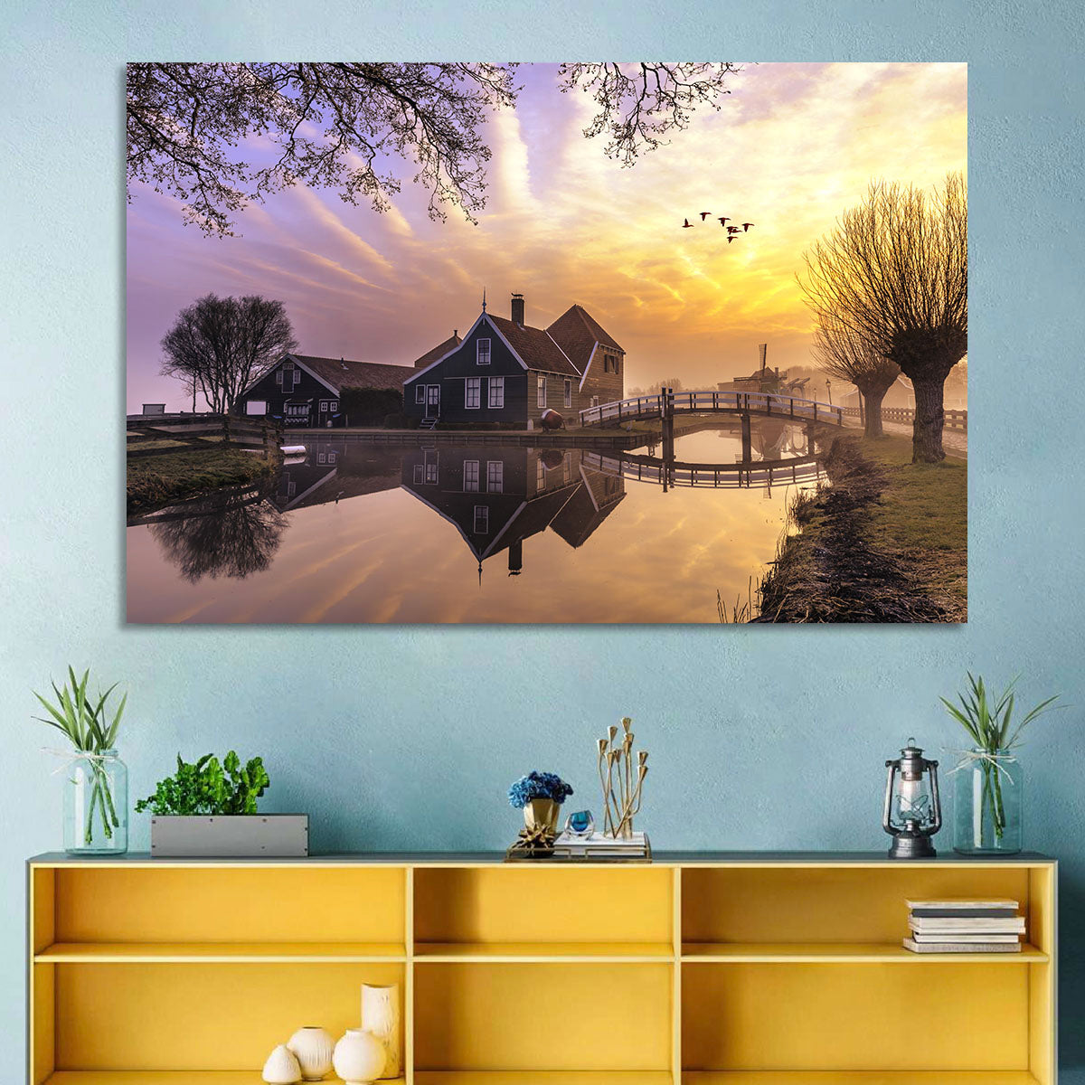Dutch Canal House at Sunset Wall Art in a room, landscape