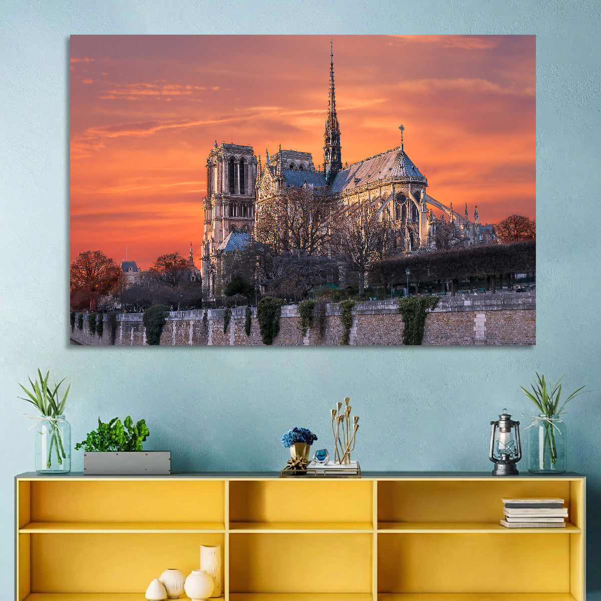 Notre-dame Cathedral at Golden Hour Wall Art in a room, landscape