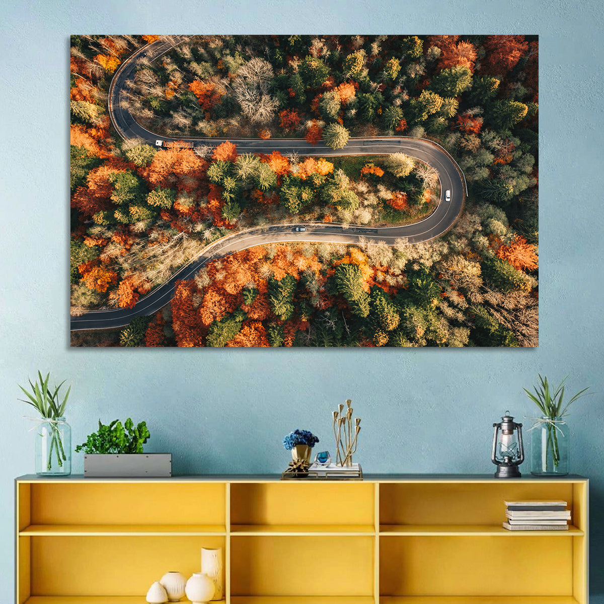 Aerial Winding Autumn Forest Road Wall Art