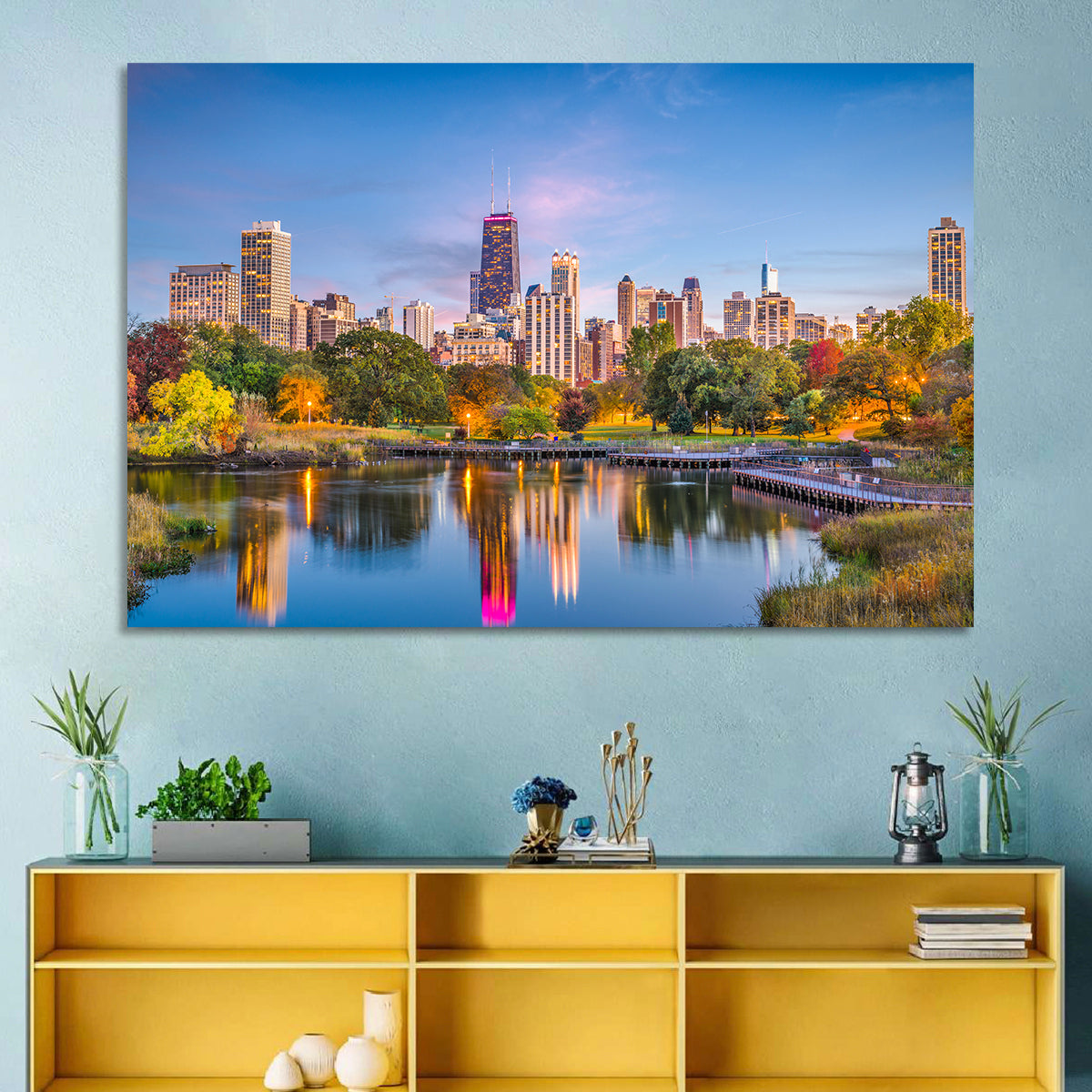 Chicago Skyline at Twilight Wall Art in a room, landscape