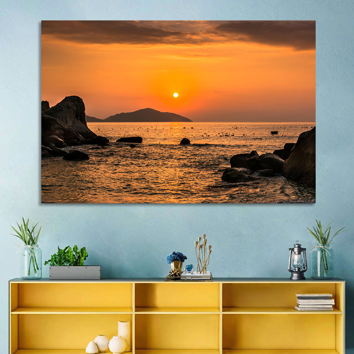 Orange Sunrise Over Rocky Coast Wall Art